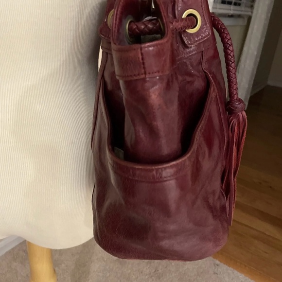 CHARLES DAVID BOHO HOBO BAG TOTE W/ BRAIDED DRAWSTRING TASSELS Burgundy/Oxblood - Picture 6 of 15